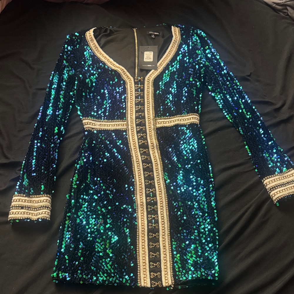 Fashion Nova Sequin Long Sleeve Dress - Blue and Green